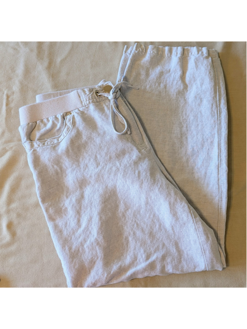 JM Collection Linen Blend Pants Beige Drawstring Waist Casual Lounge Size M